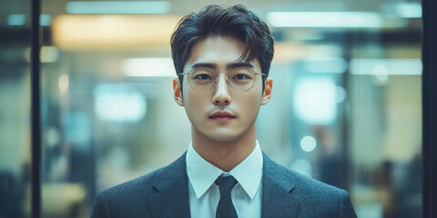 Professional business man in formal attire corporate office portrait photography indoor environment close-up confidence