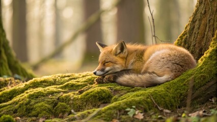 Fototapeta premium Sleeping fox in a serene forest setting nature photography tranquil environment close-up viewpoint wildlife concept for seo impact