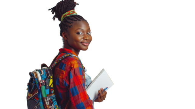 Smiling student holding notebook and pen on transparent background