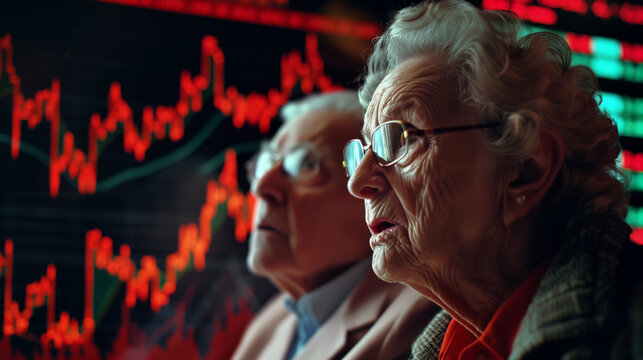 Stressed elderly couple watching the stock market crash. Worried old pensioners analysing plummeting crashing stocks & shares. Global recession, world economic crisis