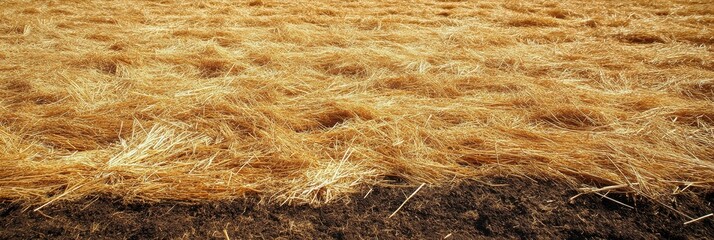 Golden field of straw covering rich brown soil with abundant farm texture
