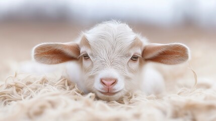 Fototapeta premium A baby goat is laying on a pile of straw. The goat has a curious look on its face and is looking at the camera
