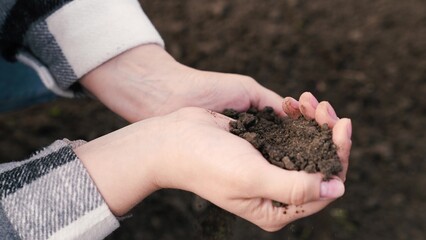 woman farmer pours environmentally friendly soil hands, touching soil field with fingers, farmer organic gardening engineer, growing seeds, growing vegetables field farm, business, hands soil close-up