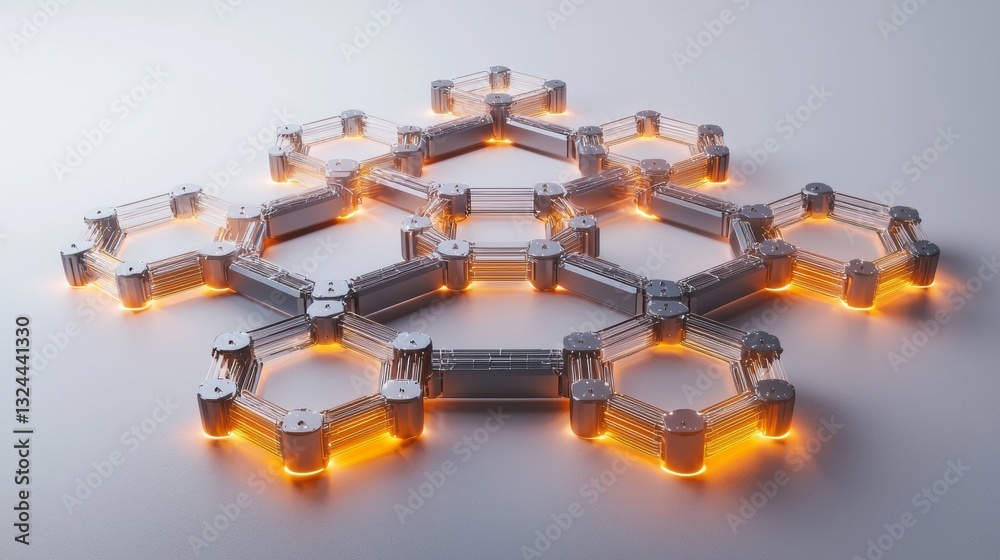 Poster futuristic blockchain network with interconnected glowing hexagonal nodes on a white background. the