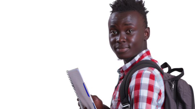 Smiling black student holding notebook and backpack on transparent background - Powered by Adobe