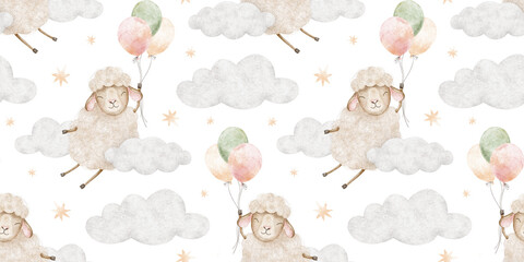 Beige sheep fly at air balloons,clouds and stars. Watercolor nursery seamless surface pattern design of dreamy lamb animal. Kids background for wrapping paper, textile, linen, baby shower, wallpaper © Fedulova_art