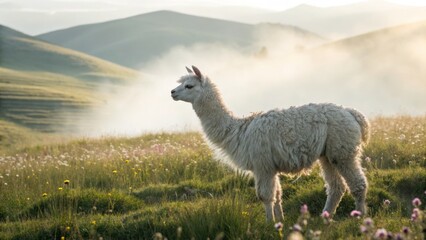 Fototapeta premium Llama grazing in misty hills andean landscape nature photography serene environment close-up view animal beauty