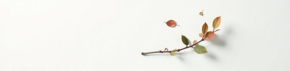 single branch on white surface with scattered leaves, minimalist, simple