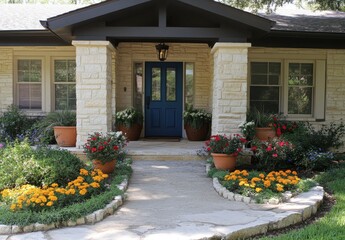 Obraz premium Charming suburban house entrance featuring vibrant flowerbeds, welcoming blue front door, and meticulously landscaped yard with natural stone pathway