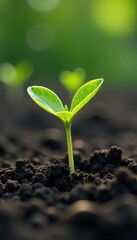 Fototapeta premium Small green sprout pushing through dry and hard dark soil, growth, landscape