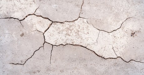 Fototapeta premium A close-up view of cracked concrete, showcasing the texture and pattern of the fractures in a light gray surface.