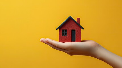 Naklejka premium A hand holds a small red house against a vibrant yellow background, representing homeownership, property investment, mortgages, and the real estate market.