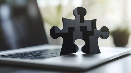 Puzzle piece on laptop screen isolated from low poly wireframe on white background. Business and technology. Vector abstract polygonal image mash line and point. Black digital vector image.