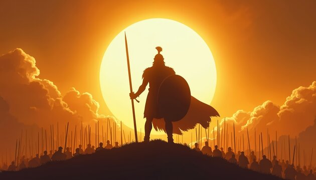 Silhouette of warrior with sword, shield stands atop hill commanding army at orange sunset. Sunlight illuminate scene, evoke biblical story of faith, leadership, power, courage, warfare,
