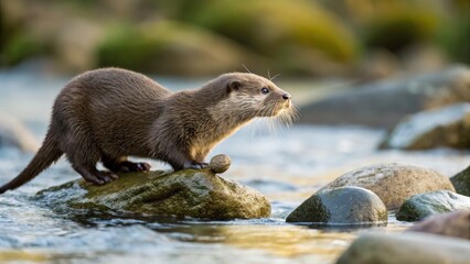 Naklejka premium Otter playing on rocks by the river nature photography serene environment close-up view animal behavior