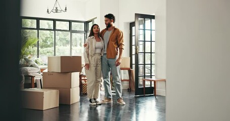 Planning, ideas and couple with boxes in new home for property, moving and interior design. Homeowner, real estate and happy man and woman hug and talking with mortgage, house purchase and apartment