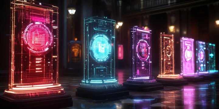 a collection of neon-colored futuristic displays.