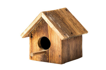 Handcrafted wooden birdhouse designed for feathered friends with rustic charm and natural appeal isolated on transparent background