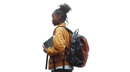 University student walking with backpack and laptop on transparent background