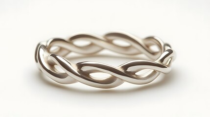 Naklejka premium A close-up shot of a sophisticated silver ring with an intricately intertwined design. Its smooth texture and elegant curves evoke a sense of timeless beauty. Luxury and expensive items.