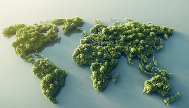 World Map In The Shape Of Trees Or Forest On White Background: Green Earth, Electric Car, And Paris Agreement Connection. Celebrating Environment Day.