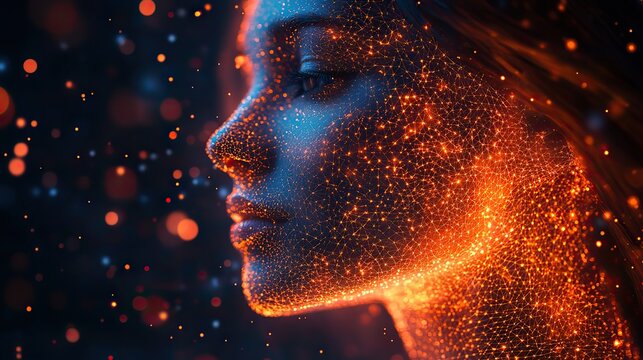 A light background shows a digital face with glowing geometric patterns this represents face recognition, biometric authentication, and cybersecurity.