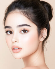 Fototapeta premium Stunning portrait of a woman with natural beauty and soft makeup.