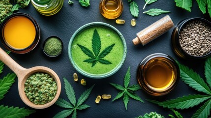 Cannabis products oil, smoothie, seeds, leaves, and capsules.