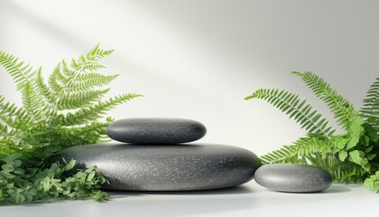 Obraz premium Natural Stone And Plant Display For Podium Product Presentations: Enhancing Cosmetics, Medicine, Jewelry, And Perfumes With Green Fern Leaves