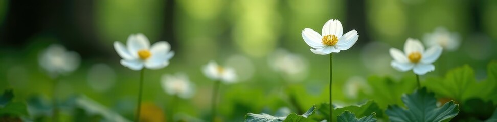 Delicate white petals of woodland anemone unfold, bloom, forest