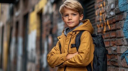 Fototapeta premium A boy wearing a yellow jacket and a black backpack stands in front of a brick wall. He is looking at the camera