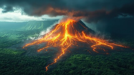 Fototapeta premium Erupting Volcano in Lush Tropical Forest