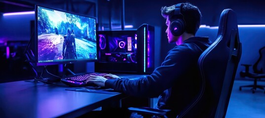 A man engages in gaming at his desktop setup.