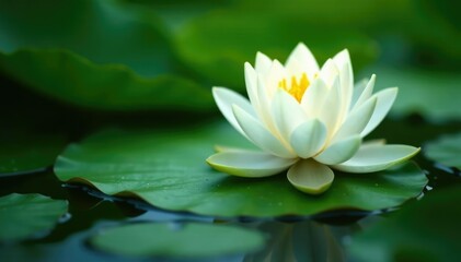 delicate white petals unfolding on a serene green lilypad, water lily flower, greenery