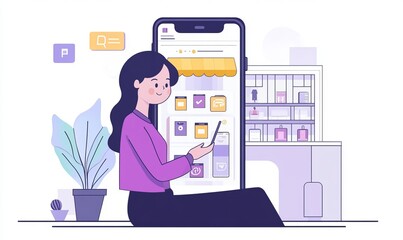 Fototapeta premium a woman shopping online using her phone and interacting with a digital store platform.