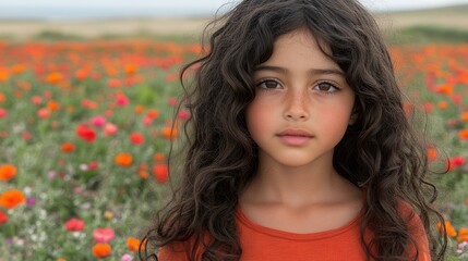 Fototapeta premium A girl with long hair is standing in a field of flowers. She is wearing an orange shirt