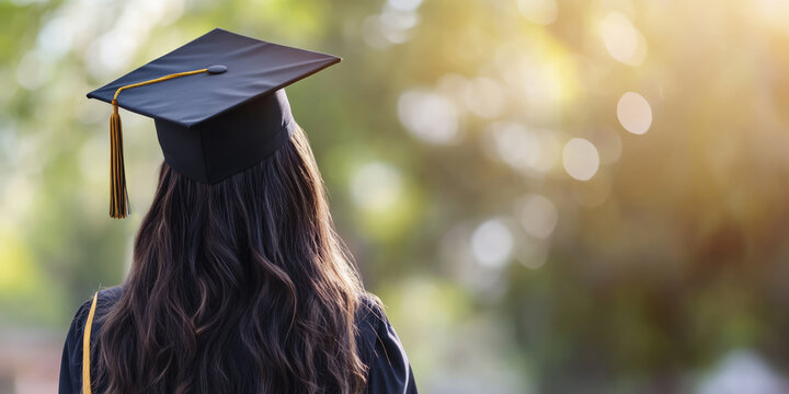graduation day, woman female girl back view in graduate cap hat and black gown outdoor in green nature