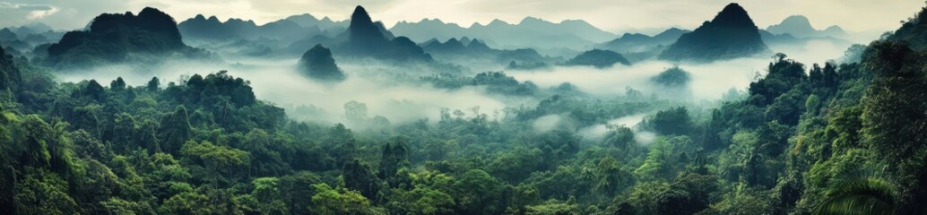 Lush jungle meets majestic mountains in serene landscape.