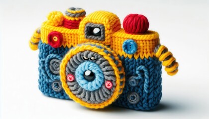 Fototapeta premium Creative yarn-crafted camera art studio handmade sculpture colorful setting close-up view