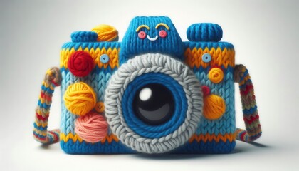 Fototapeta premium Colorful knitted camera art studio setting photography display creative environment close-up view