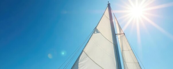 Fototapeta premium Delicate white sail trimmed against a brilliant blue sky with the warm glow of sunlight, sail, canvas, sun