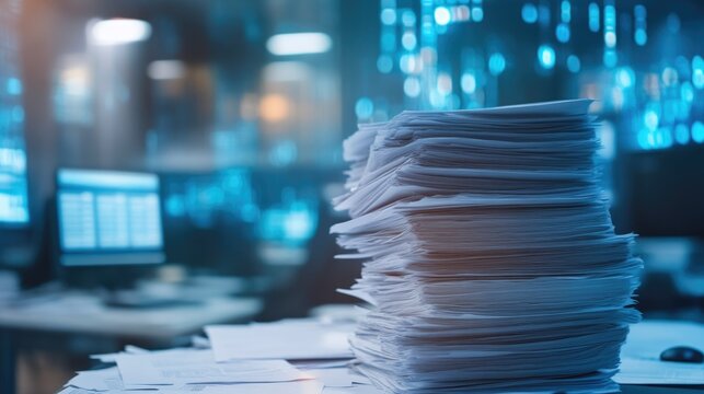 Stacks of paperwork cluttering a business office desk