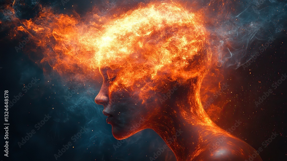 Wall mural a person's mental overload is shown with images and thoughts exploding from the head, symbolizing bu