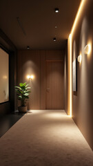 Modern office hallway with acoustic panels and dim lighting.