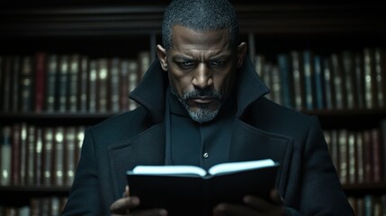 A man is reading a book in a library. He is wearing a black coat and a black shirt