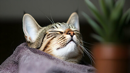 A contented tabby cat enjoying sunlight with closed eyes indoors
