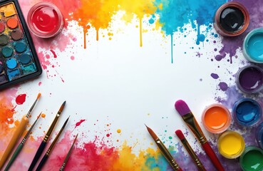 Creative flat lay composition with art painting accessories like paint brushes, color palette, colorful watercolor splashes and paints on white canvas. Art supplies background with copy space.