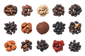 Obraz premium Clear display of dried fruits and seeds, cut out