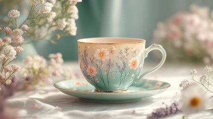 Fototapeta premium A pastel teacup with delicate floral designs in lavender, yellow, and peach sits on a light blue saucer, surrounded by soft flowers, creating an elegant tea party atmosphere