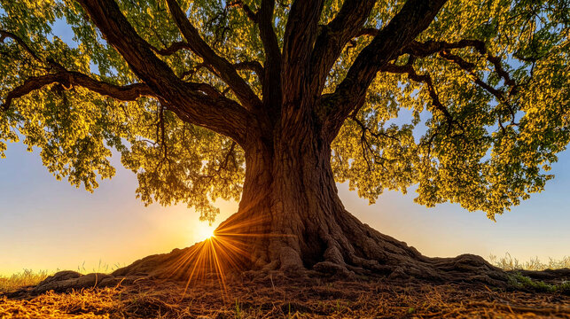 Majestic sunset behind ancient tree rural landscape nature photography outdoors